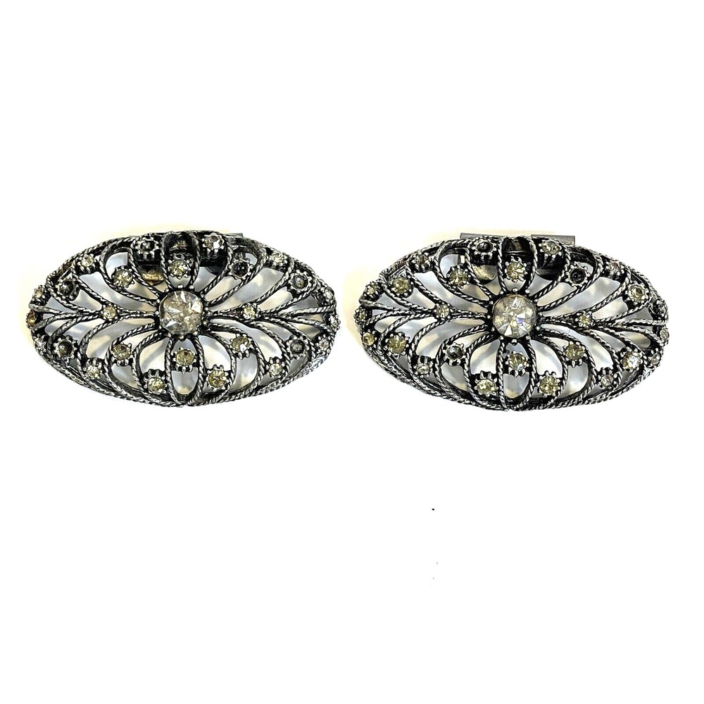 Vintage MUSI Shoe Clips Silver Tone Ornate Design Set Of 2 with Rhinestones